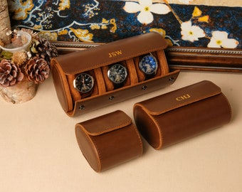 Boîte à montres en cuir personnalisée, boîte à montres marron vintage, montre pour rouleau de montres 1, 2, 3 fentes, cadeau du marié, cadeau pour lui, cadeau personnalisé