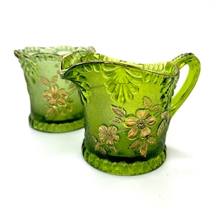 Antique green glass creamer pitcher & sugar set / pressed glass / gold guilding