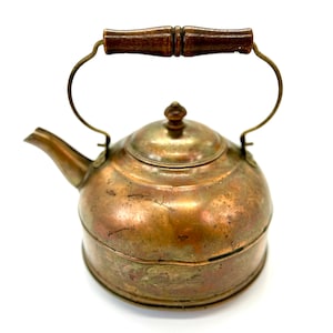 Rustic Primative teapot / copper /brass / wood handle