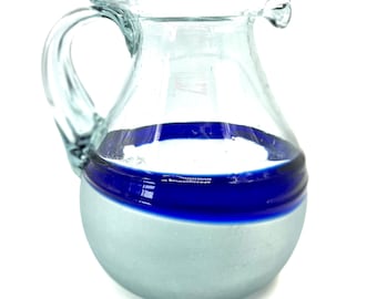 Jarra grande de vidrio soplado mexicano esmerilado transparente / azul