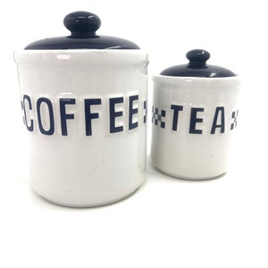 Kitchen Canisters, 1980s Navy Blue Checked, Set of 2 / vintage ceramic with rubber seal under lid