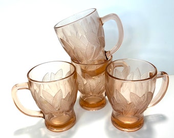 Vintage, KIG, Indonesia, Pink glass , set of 4, leaf pattern mugs