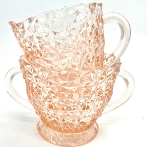 Jeannette Holiday Button and BowsPink Depression Glass creamer sugar bowl set Pressed Glass 1940s pink glass...
