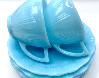 Robins Egg Blue 1950 Kings Crown Pyrex cup and saucer set / pie crust pattern