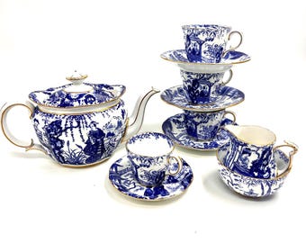 Mikado Blue/ Royal Crown Derby Antique China / Teapot / sugar , creamer / cup and saucer sets
