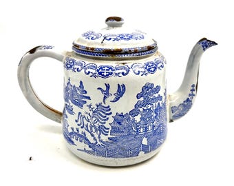 Antique, Rare, Blue Willow Enamelware Teapot or Tea Kettle