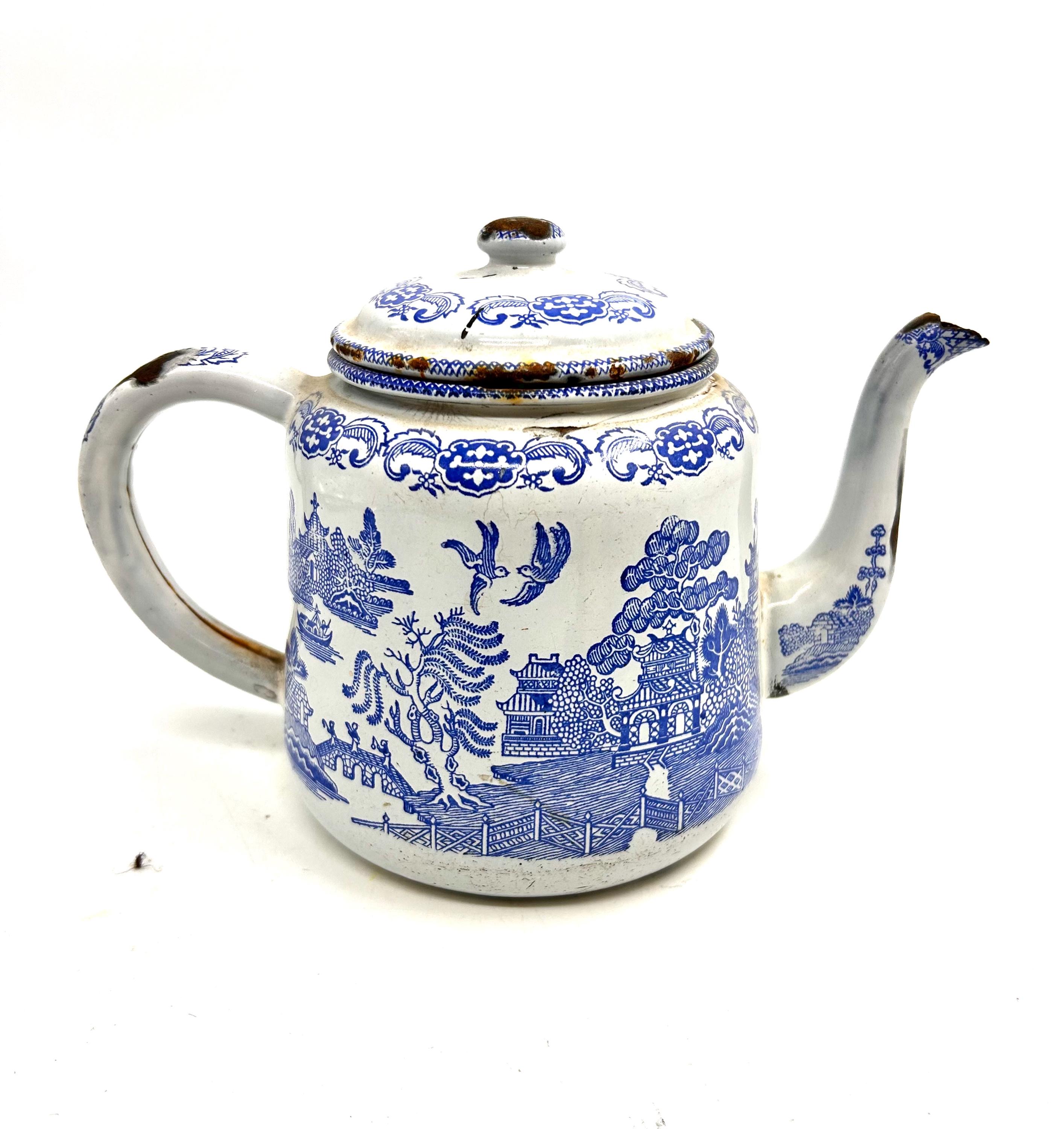 Antique, Rare, Blue Willow Enamelware Teapot or Tea Kettle