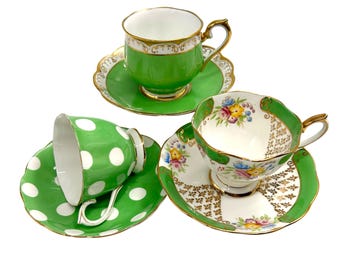 Vintage Royal Albert Green tea cup sets / green polka dots / gold and green