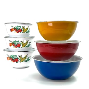 Enamel vintage bowls/ primary colored bowls/ vegetable pattern, enamel bowls