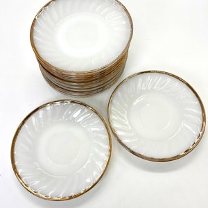 Anniversary pattern Fire King small plates / saucer / dessert plates/ white and gold swirl