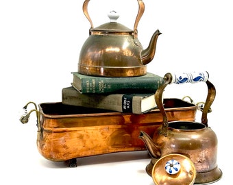 Vintage Copper Wares / Primative kitchen decor / copper kettles / antique copper planter box / blue & white porcelain delft handles