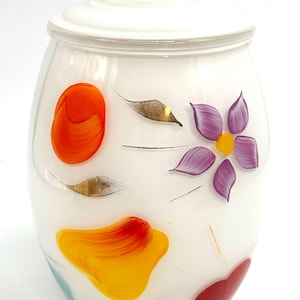 Vintage 1950s Barlett Collins White Frosted Glass Cookie Jar With Lid / handpainted fruit