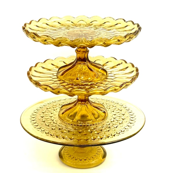 Vintage Amber Pedestal cake stands “Fairchild’  Amber cake stand by Anchor Hocking