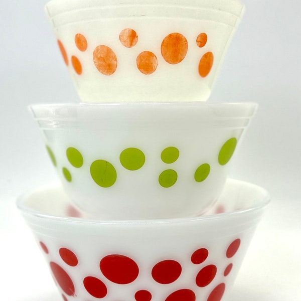 Fedral Glass vintage 1940s Multi Colored Polka Dot mixing bowls / milkglass / red,green,orange