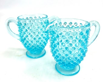 Vintage Fenton Capri Blue Glass Hobnail Mini Cream & Sugar Set