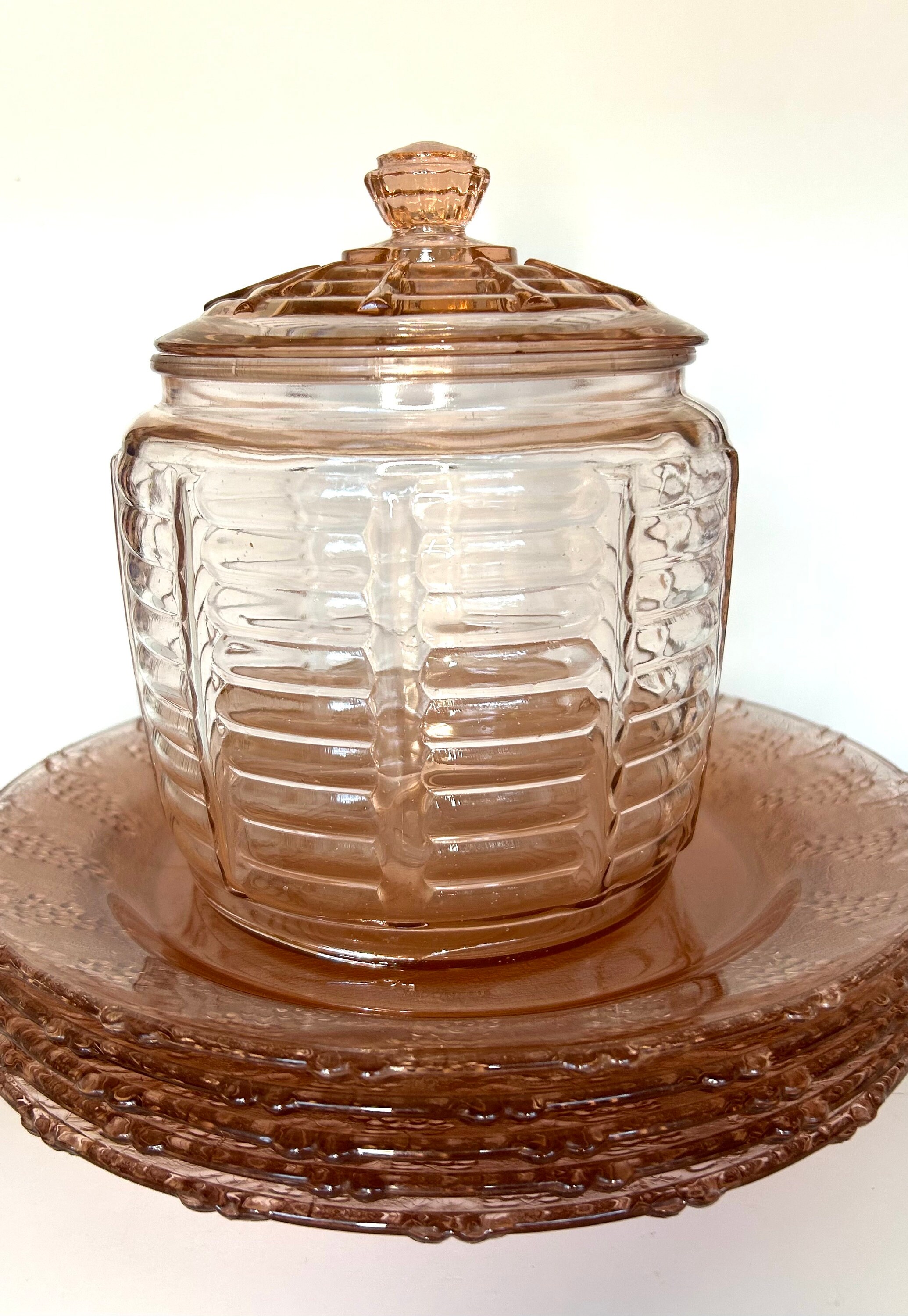 Pink Depression Glass Biscuit Jar Collectable Cookie Jar Etsy
