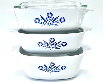 Blue Cornflower Corning ware casserole dishes set of 3 with one lid fits all