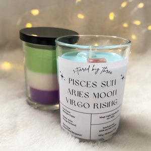 The Big Three: personalized sun/moon/rising 3-tiered astrology inspired scented candle with crystal stars & moons, made to order