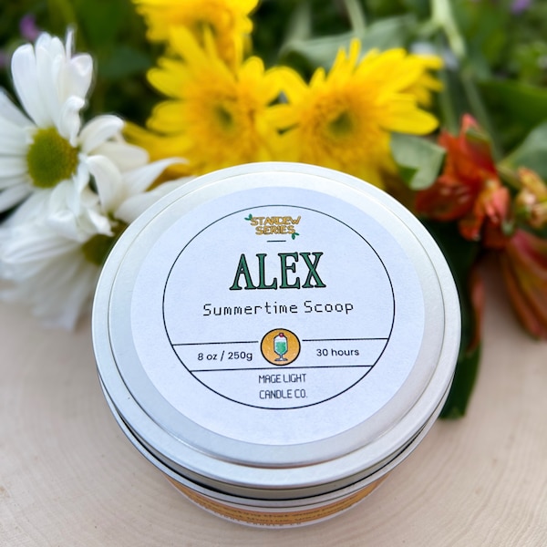 Alex: Summertime Scoop Stardew Valley villager bachelor video game inspired 8oz soy wax scented candle with non-toxic glitter