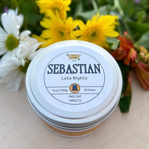 Sebastian: Late Nights villager bachelor video game inspired 8oz soy wax scented candle with non-toxic glitter image 1