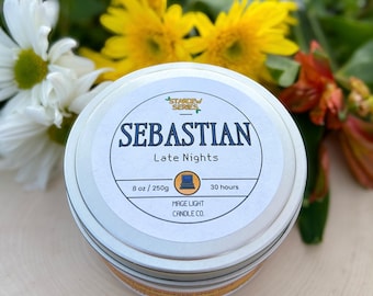 Sebastian: Late Nights villager bachelor video game inspired 8oz soy wax scented candle with non-toxic glitter