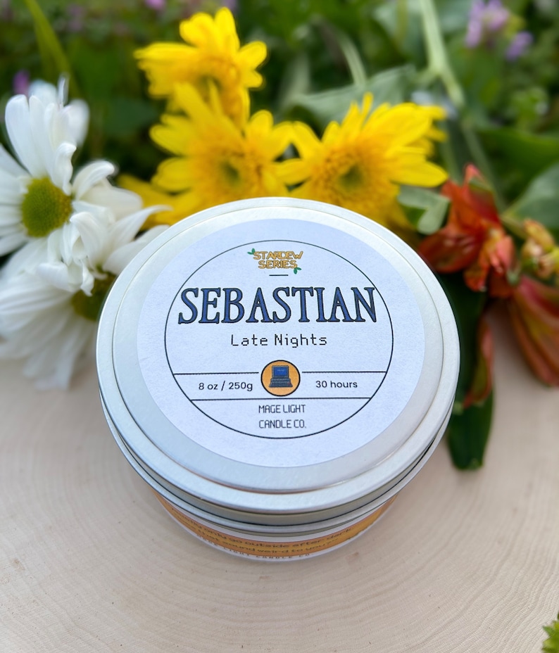 Sebastian: Late Nights villager bachelor video game inspired 8oz soy wax scented candle with non-toxic glitter image 1