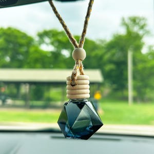 May include: A car air freshener with a geometric, dark blue glass bottle. It hangs from a tan and gold rope, with a wooden bead and a wooden cap. The background is a blurred view of a park.