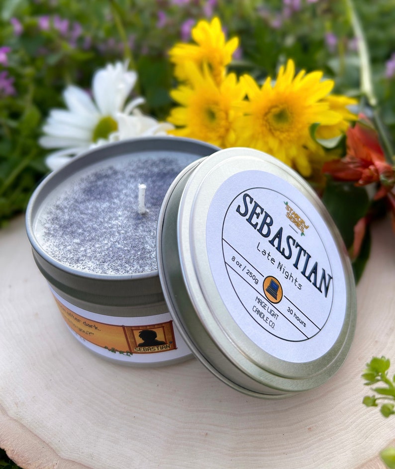 Sebastian: Late Nights villager bachelor video game inspired 8oz soy wax scented candle with non-toxic glitter image 3