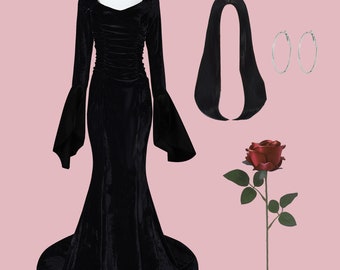 Morticia Addams Costume, Addams Family Cosplay, Black Long Dress for Women, Halloween Costume with Wig and Rose, Witch Costume Spooky Dress