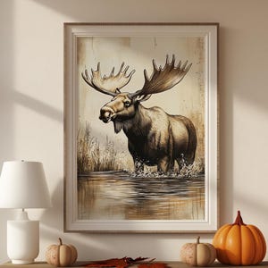 Moose Wildlife Art, elandjachtkunstwerk, elandcadeaus voor hut of elanddecoratie, afdrukbare Instant Download