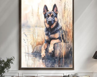 ジャーマンシェパードのボス」プリント水彩画。GSD アート、GSD