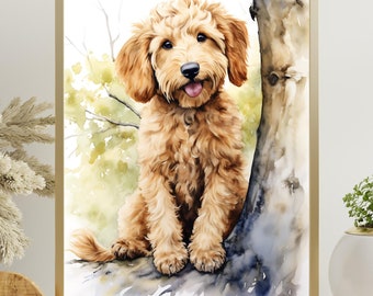 May include: Watercolor painting of a golden doodle dog sitting in front of a tree trunk. The dog is looking at the viewer with its tongue sticking out. The background is a watercolor wash of green and yellow.