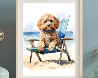 Cavapoo Dog Watercolor Painting: Beach Pet Portrait (Digital Download)