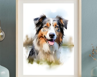 Australian Shepherd Dog Painting: Pet Portrait Wall Art (Instant Download)