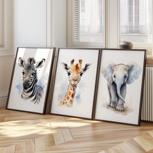 Set of 3 Safari Animal Watercolor Prints Nursery Wall Art | Safari Nursery Decor | Elephant Giraffe Zebra Wall Art | Printable Wall Art
