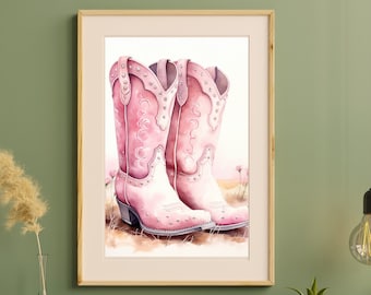 May include: A watercolour painting of a pair of pink cowboy boots with white stitching and silver studs. The boots are set against a light brown background with a few small pink flowers.