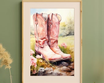 Pink Cowgirl Boots Watercolor Art Print: Western Wall Decor (Digital Download)