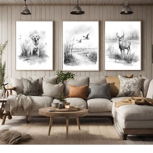 Boy Nursery Wall Art Hunting | Baby Boy Nursery Decor | Deer Wall Art | Mallard Duck Decor | Printable Wall Art | Black and White Prints