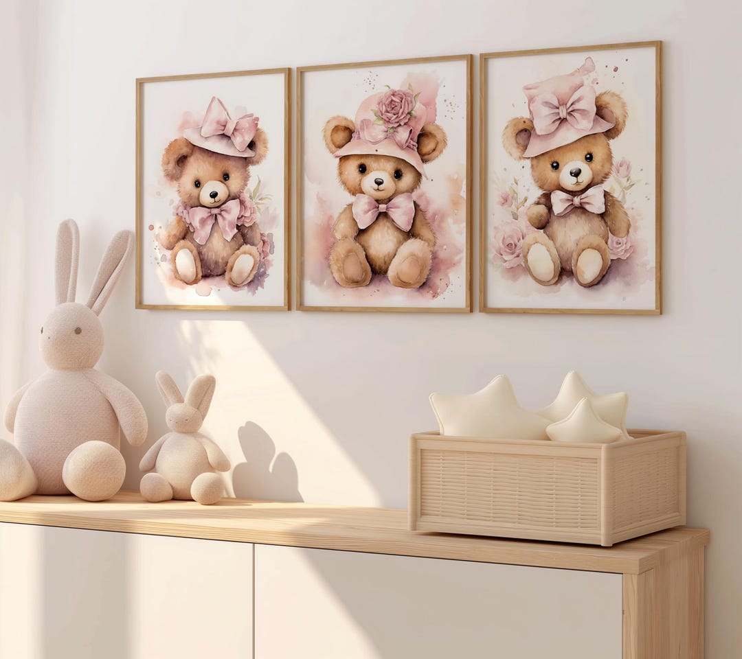 Pink Teddy Bear Nursery Wall Art: Vintage Baby Girl Decor (digital ...