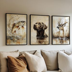 Schokolade Labrador druckbare Wand Kunst Set von 3 Junge Schlafzimmer Kinderzimmer Wand Kunst Jagd Dekor Hirsch Wand Kunst Bass Fisch Dekor Sofort Download