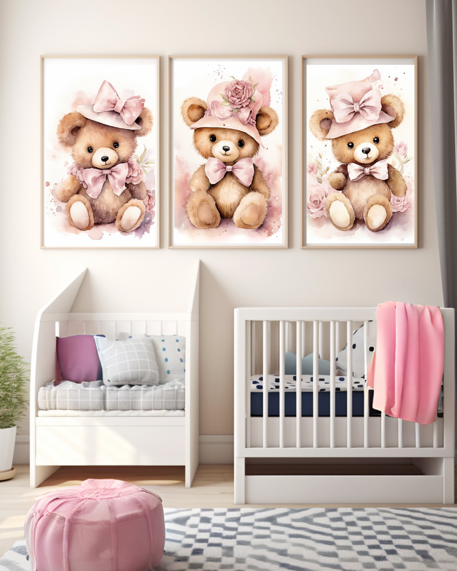 Pink Teddy Bear Nursery Wall Art: Vintage Baby Girl Decor (digital ...