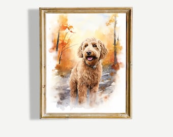 May include: Watercolor painting of a golden doodle dog standing in a forest setting with fall foliage. The dog is looking directly at the viewer with its tongue sticking out.