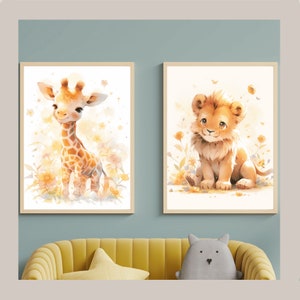 Safari Animals Nursery Decor, Giraffe Print, Safari Nursery Prints, Set of 2, Printable Safari Nursery Animals, Jungle Nursery Wall Art