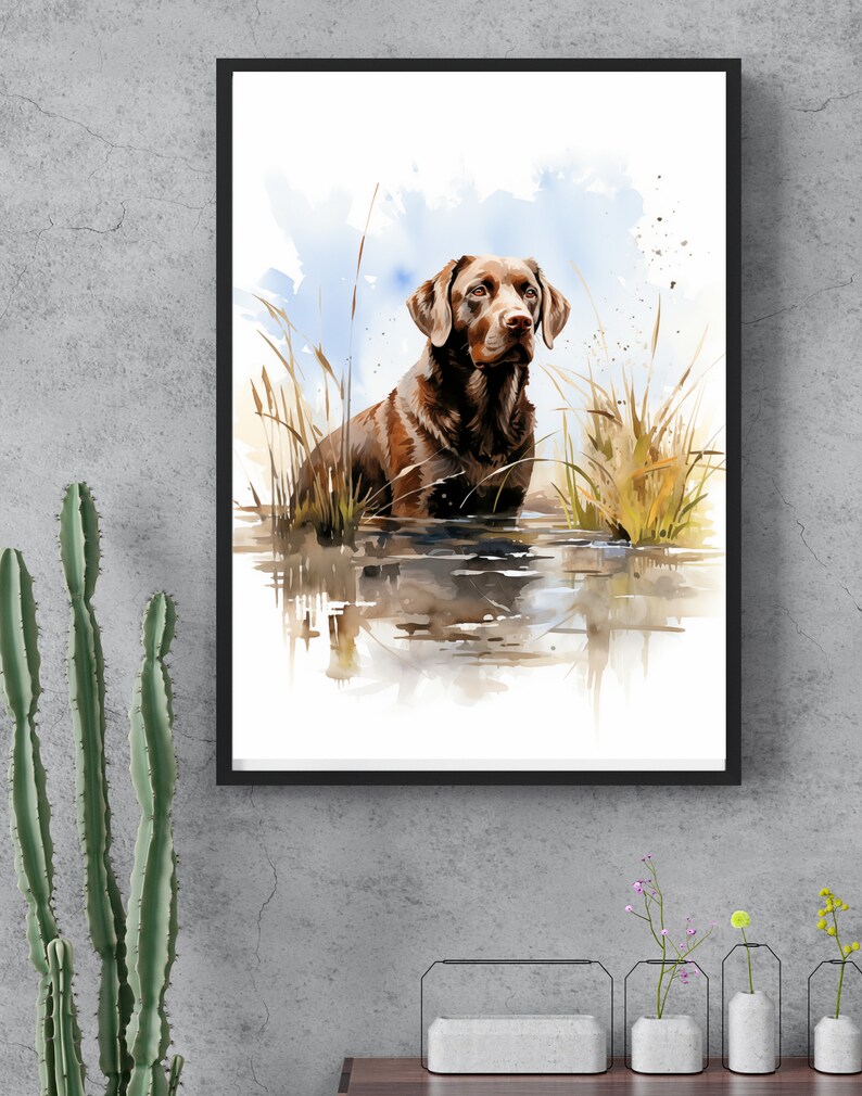 May include: Watercolor painting of a brown Labrador Retriever standing in a pond with tall grass. The dog is looking to the right of the image. The background is a light blue watercolor wash.