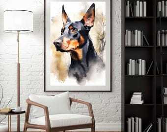 May include: Watercolor painting of a Doberman Pinscher dog with brown and black fur. The dog is looking to the left of the image and has a serious expression. The background is a soft watercolor wash of yellow and brown.