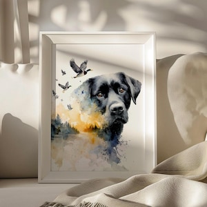 Stampa acquerello di cane da caccia Labrador nero con Labrador Retriever e anatre, download istantaneo, decorazione da parete per la caccia in cabina