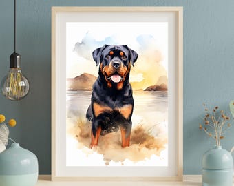 Może przedstawiać: Akwarela przedstawiająca rottweilera siedzącego na piaszczystej plaży z zachodem słońca w tle.