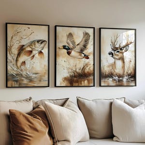 Boy Nursery Wall Art Hunting | Baby Boy Nursery Decor | Deer Wall Art | Mallard Duck Decor | Bass Fishing Printable Wall Art | Set of 3