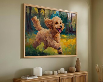 May include: A framed painting of a golden doodle dog running through a field of yellow flowers. The dog is painted in a realistic style with a bright, colorful background.
