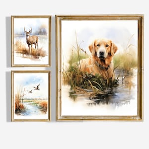 Printable Baby Boy Nursery Hunting Decor Deer & Duck Wall Art with Golden Retriever Art Rustic Nursery Decor Instant Download